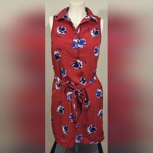 Banana Republic Dress Women's Sz 2 Red Floral Shirt Sleeveless Waist Tie Pockets